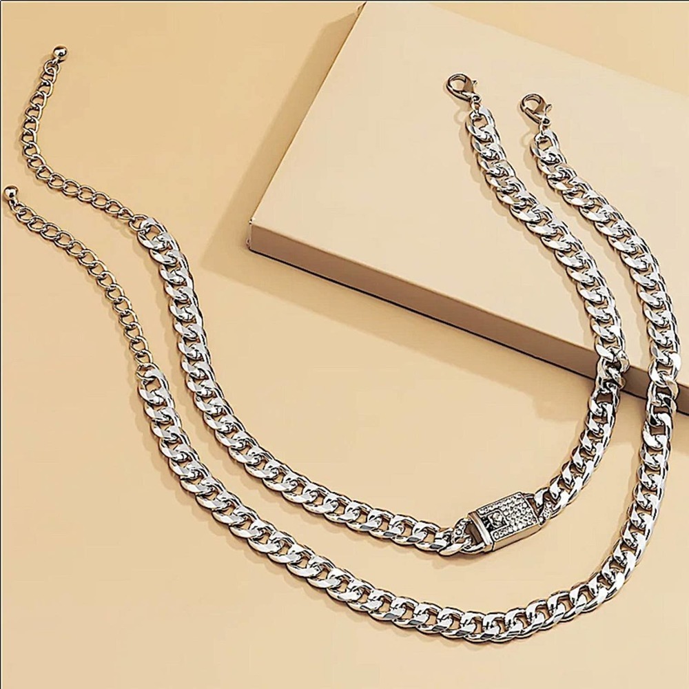 SILVER RHINESTONE LOCK CUBAN CHAIN LINK LAYER CHOKER NECKLACE - Picture 4 of 5